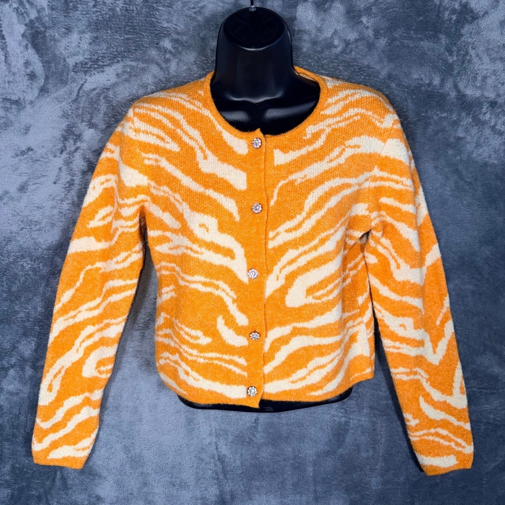 Industry Womens Cardigan Sweater S P Orange Zebra Print Jeweled‎ Button Alpaca